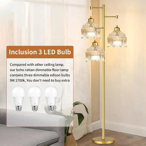 Vista 4 de ILLMTW Lámpara de Pie Dorada para Sala de Estar, Dormitorio, Lámpara de Pie Moderna de Mediados de Siglo Lámpara de Pie de Latón Árbol de 3 Luces