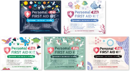 Vista 6 de Kit médico de emergencia de primeros auxilios mini y tamaño de viaje, paquete de 10 Ideal para niños, escuelas, negocios, senderismo, camping