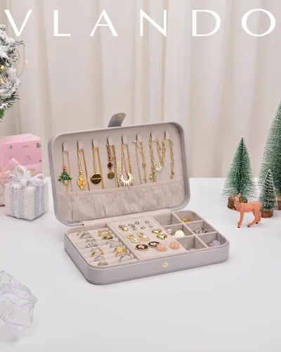 Vista 7 de Vlando Joyero de viaje para mujer, caja organizadora de joyas de cuero portátil para collares, aretes, anillos, pulseras, tamaño pequeño, regalos