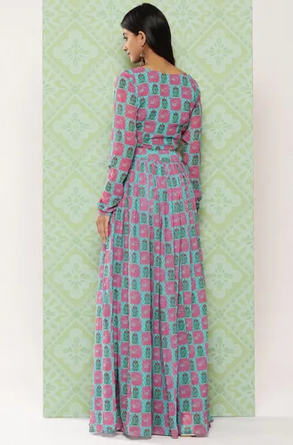 Vista 7 de Janasya Lehenga Choli estampado étnico digital de Georgette verde salvia para mujer