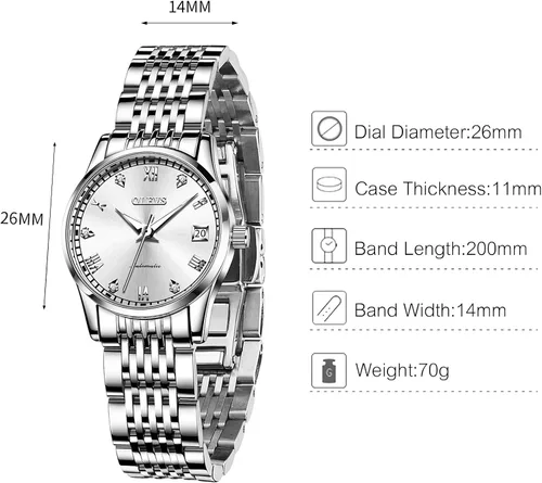 Vista 6 de RORIOS Reloj automático para mujer, reloj mecánico automático, con banda de acero inoxidable, calendario, reloj de mujer, luminoso, para mujer