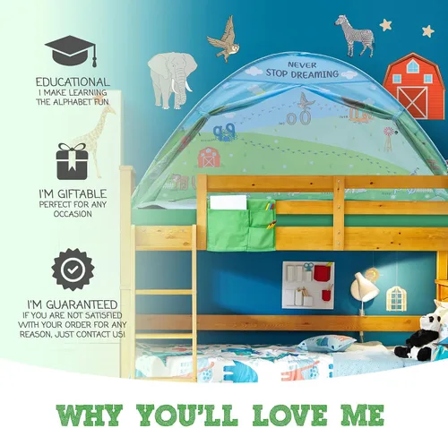 Vista 3 de Tienda de campaña de cama individual con diseño de animales para niños - Tiendas de ensueño mágicas para niños, toldo emergente para cama de niña