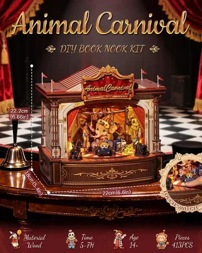 Vista 2 de CUTEBEE Rompecabezas de Madera 3D Caja de Música – Tiovivo Rincón de Libros DIY, Kit de Construcción de Modelo Mecánico Giratorio, Kit de Caja