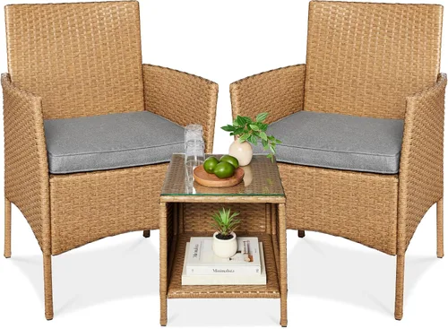 Vista 12 de Best Choice Products Juego de 3 piezas de mimbre para conversación al aire libre, muebles de patio que ahorran espacio para jardín con mesa