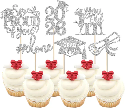 Vista 67 de Paquete de 24 adornos para cupcakes de clase de 2026 con purpurina 2026 para diploma de graduación 2026, selecciones para cupcakes para graduación