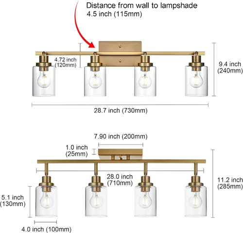 Vista 5 de MELUCEE Kit de Iluminación de Riel de 4 Luces, Luminarias de Latón para Tocador de Baño con Cabezal de Riel Ajustable, Lámpara de Techo Tipo Foco
