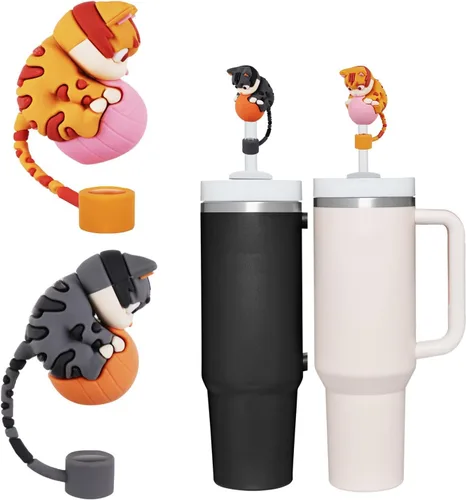Vista 2 de 4 piezas de lindas tapas para popotes de gato, tapas para popotes para vaso Stanley de 30 a 40 oz, juego de accesorios divertidos para vaso Stanley