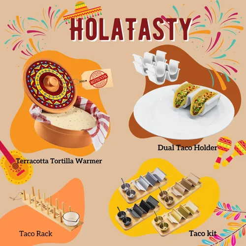 Vista 8 de Kit de Soportes para Tacos, Set 3-en-1 - Soporte para Concha de Taco + Bandeja de Servicio + Taza para Salsa, Plato de Presentación para Tacos