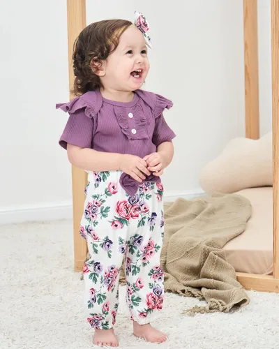 Vista 3 de Mioglrie Conjunto de ropa de bebé recién nacido, conjunto de pantalones, conjunto floral de algodón, ropa de bebé para niñas