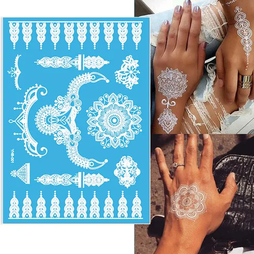 Vista 10 de 6 hojas de tatuajes temporales de henna negra para mujeres y niñas, calcomanías de tatuaje falsas de encaje, misterioso, sexy, mandala, flor, diseño