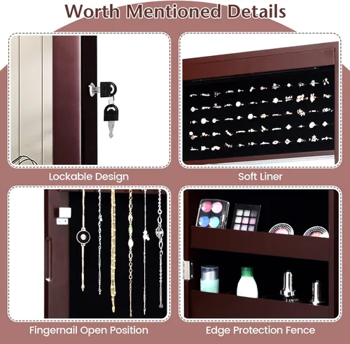 Vista 6 de COSTWAY Armario de joyería con espejo de 12 LED, armario organizador de joyas montado en la paredpuerta con espejo de 53.5 pulgadas de longitud