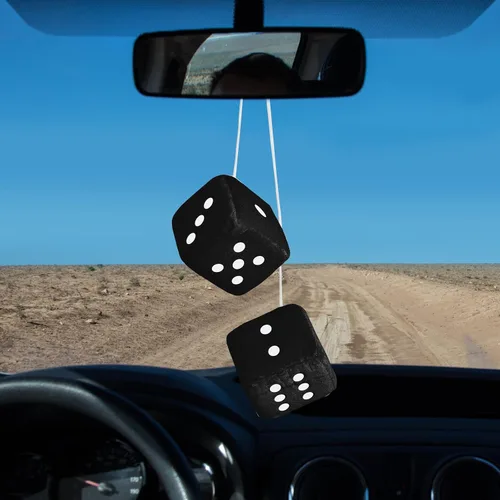 Vista 4 de Dados peludos para espejo retrovisor, dados negros peludos para espejo de automóvil, 2.75 pulgadas, par de dados colgantes cuadrados retro de felpa