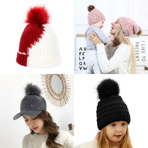 Vista 2 de Paquete de 6 pompones de piel de zorro sintética de 3.9 pulgadas/3.9 in, pompón peludo con lazo elástico para hacer punto, manualidades, sombrero
