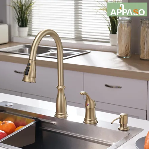 Vista 6 de APPASO - Grifo de cocina de 3 agujeros con mango lateral separado, color dorado cepillado Single Handle High Arc Kitchen Faucets with 3-Mode Pull