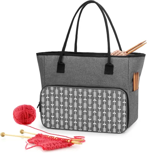 Vista 9 de Yarwo Bolsa de ganchillo para tejer, bolsa de almacenamiento de hilo para proyectos de WIP, madejas de hilo, ganchos de ganchillo y agujas de tejer