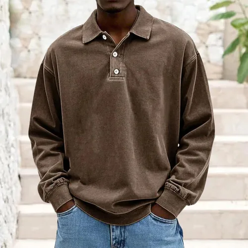 Vista 2 de Camisa Polo de Manga Larga para Hombre Camisa con Botón Desgastado Básica Color Sólido Camisa Polo Clásica Holgada Casual Camisas con Cuello Camiseta