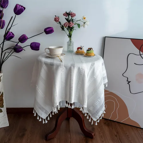 Vista 18 de Gernaice Mantel bordado de rayas rústicas con borlas cuadradas y pequeñas de algodón y lino, sin arrugas, lavable, para mesita de noche, café, Marrón