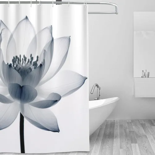 Vista 2 de YLATY2974 - Cortina de ducha de flores abstractas para baño, juego de cortina de ducha bohemia floral blanca y azul, tela transparente, moderna