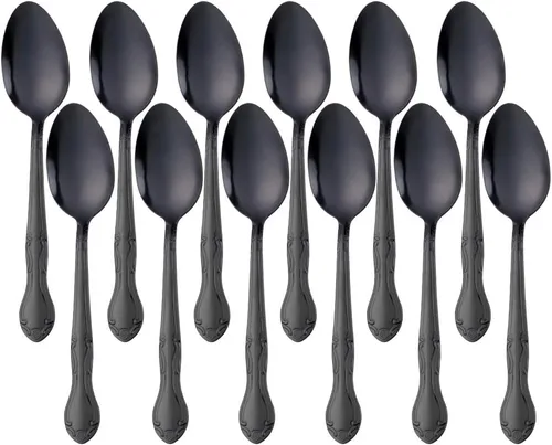 Vista 38 de Cucharas de sopa, cucharas redondas de acero inoxidable para caldo con borde de flor, juego de 12 piezas de acero inoxidable para café, azúcar