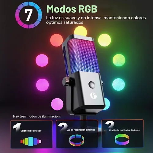Vista 6 de VCOM - Micrófono USB para PC, micrófono RGB para juegos con botón de silencio, control de ganancia, conector de auriculares de monitoreo de 3.5 mm