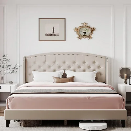 Vista 7 de Base de cama tamaño Queen, plataforma tapizada con cabecera de ala y diseño capitoné de botones, soporte de listones de madera, fácil montaje,