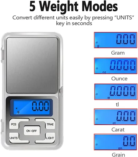 Vista 2 de Báscula de bolsillo digital portátil de 2 piezas, 17.64 oz de capacidad, 0.00 oz de precisión, báscula electrónica de joyería para alimentos