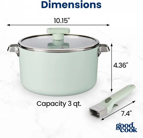 Vista 2 de GoodCook Sartén de cerámica con mango y tapa extraíbles, compatible con inducción, antiadherente y apta para horno, 3 cuartos de galón, verde salvia