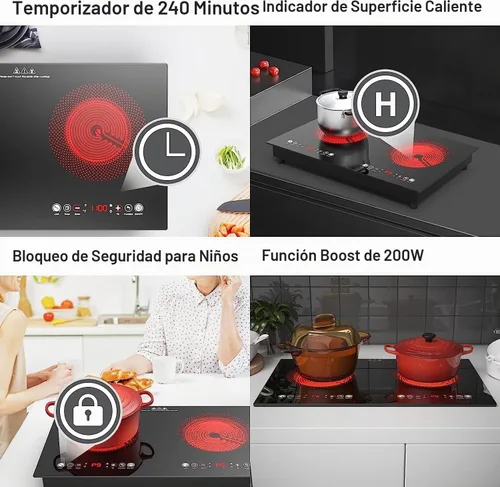 Vista 3 de Placa de cocción eléctrica, 24 pulgadas, placa de cocción de 2 quemadores 110V, placa de cocción empotrada y de encimera con enchufe, estufa