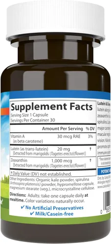 Vista 2 de Carlson - Luteína y verduras, 20 mg, soporte de la visión y función ocular, antioxidante, 30 cápsulas vegetarianas
