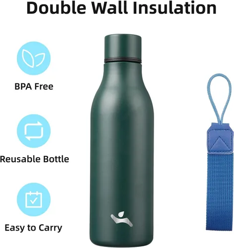Vista 3 de Konokyo Botella de agua aislada con correa, botella de agua de acero inoxidable de 18 onzas de doble pared con aislamiento al vacío, frasco de Verde