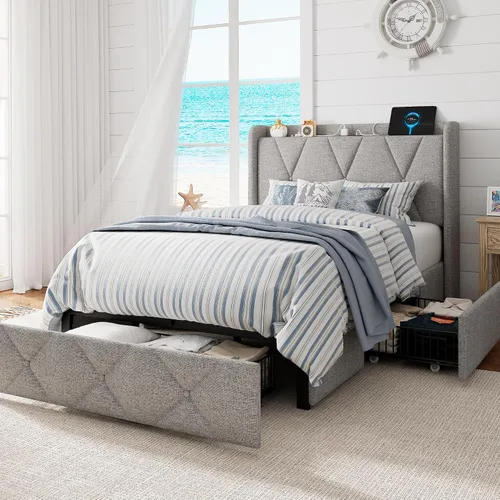 Vista 14 de GalnFu Base de cama de tamaño matrimonial con 4 cajones de almacenamiento, plataforma tapizada con estación de carga, moderna cabecera de Beige