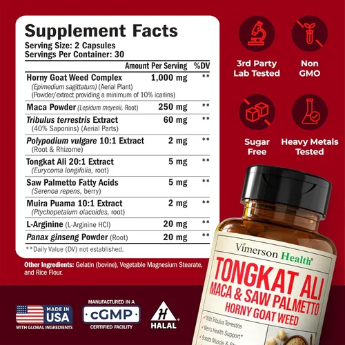 Vista 3 de HornyGoatWeed para hombres (1000 mg por porción), suplemento potenciador masculino con raíz de maca, Tongkat Ali, Saw Palmetto, Panax Ginseng