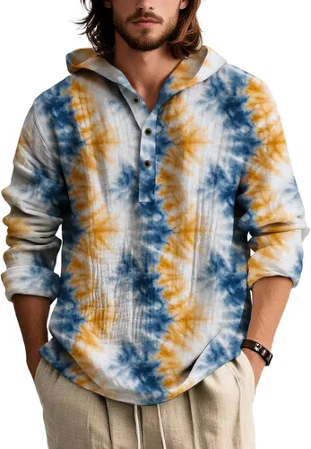 Vista 12 de Camisas de manga larga con estampado de teñido anudado para hombre, sudadera con capucha de 3 botones, sudadera retro cómoda con capucha
