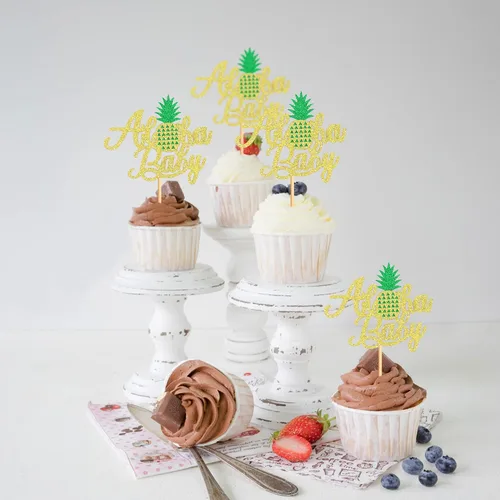 Vista 6 de Ercadio Aloha - Paquete de 24 adornos para cupcakes de piña con purpurina Hawaii Aloha Baby Cupcake Picks Hawaiian Luau Tropical Summer Aloha