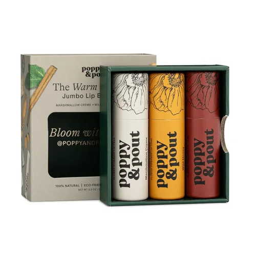 Vista 12 de Paquete de 3 unidades + caja de regalo, bálsamo labial Poppy & Pout 100% natural, tubo de cartón, rellenado a mano, cera de abejas, vitamina E