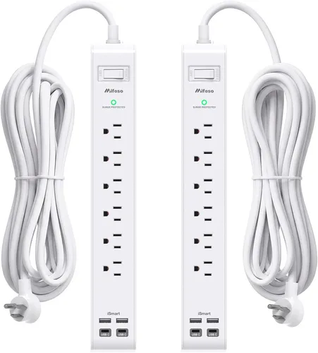 Vista 12 de Paquete de 2 regletas de alimentación, cable de extensión de 3 pies, protector de sobretensiones con 6 tomas de corriente y 4 puertos USB (2 USB C)