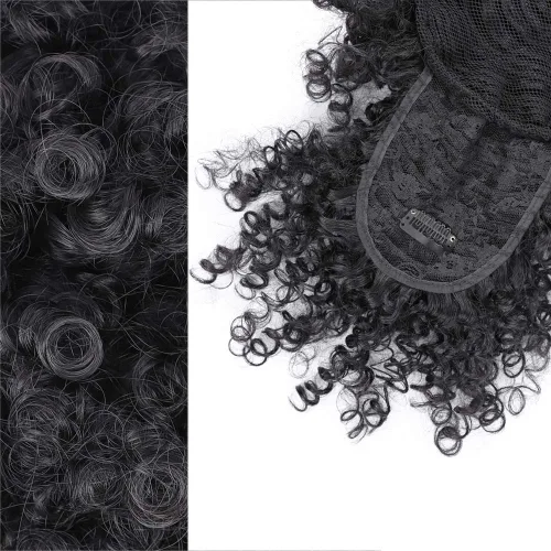 Vista 5 de Cola de caballo con cordón y flequillo, extensiones de cola de caballo afro para mujer, cola de caballo corta y rizada con flequillo con clip para 1b