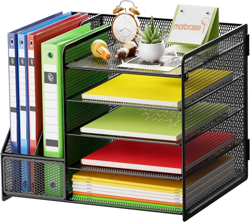 Vista 8 de Marbrasse - Organizador de escritorio con soporte para archivos, organizador de bandejas para papel tamaño carta de 5 niveles con cajón y 2 soportes