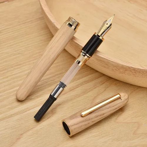 Vista 5 de Jinhao 9036 - Pluma estilográfica de madera natural hecha a mano, punta extrafina, color roble
