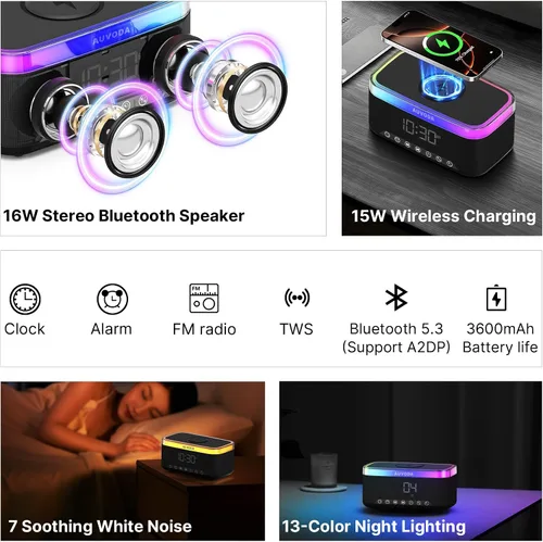 Vista 2 de Altavoz Bluetooth S300, altavoz portátil con carga inalámbrica de 15 W, luz nocturna de 13 colores, alarma, ruido blanco, radio, estéreo de 16 W