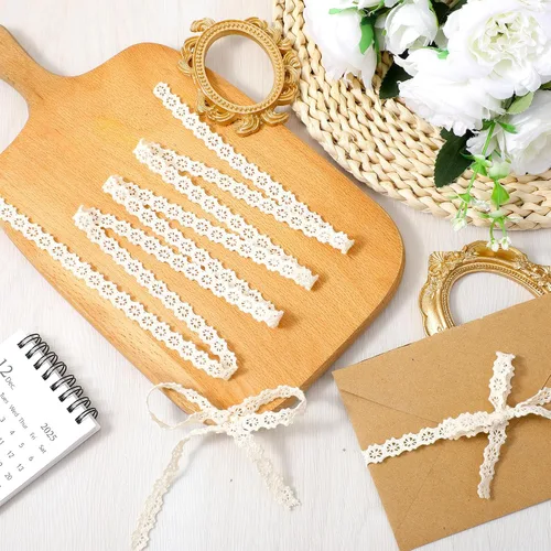 Vista 6 de 20 yardas de encaje para coser, encaje de algodón beige, adornos de cordones para coser, adornos de cinta de algodón para manualidades, envoltura