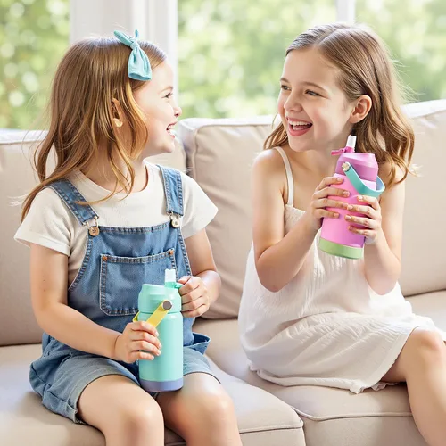 Vista 6 de Kerilyn - Botella de agua para niños, de acero inoxidable, con pajilla a prueba de fugas, con aislamiento térmico, libre de bisfenol A, unisex