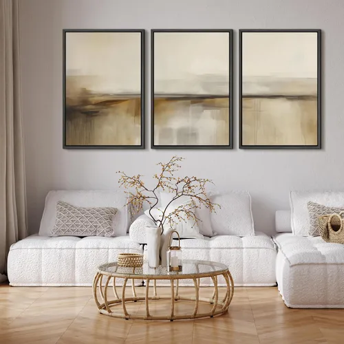 Vista 2 de SIGNFORD - Set de obras de arte en lienzo enmarcado para pared, ilustraciones abstractas de neblina del desierto en tonos neutros beige y marrón