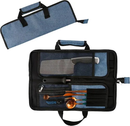 Vista 11 de Bolsa de rollo para cuchillos de chef, bolsa de cuchillo de chef Oxford resistente, estuche portátil para cuchillos de chef de 13 ranuras