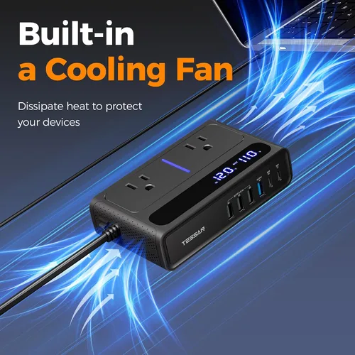 Vista 5 de TESSAN - Inversor de corriente para automóvil de 200 W, convertidor de 12 V CC a 110 V CA con 2 salidas de CA y 6 puertos USB con USB de 36 W