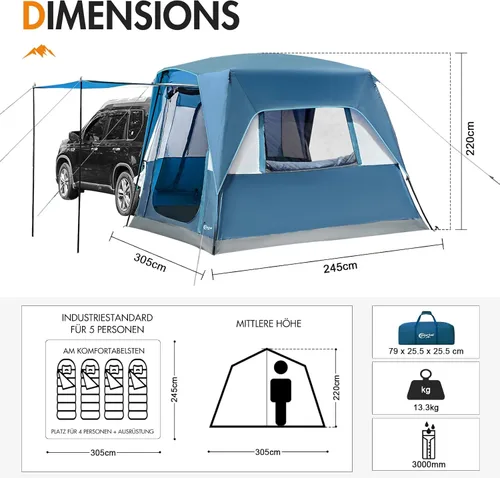 Vista 3 de Portal 5-Person SUV Tent with Porch, Waterproof Windproof Car Camping Portable Outdoor Design; Durable Construction; Easy Setup & Storage