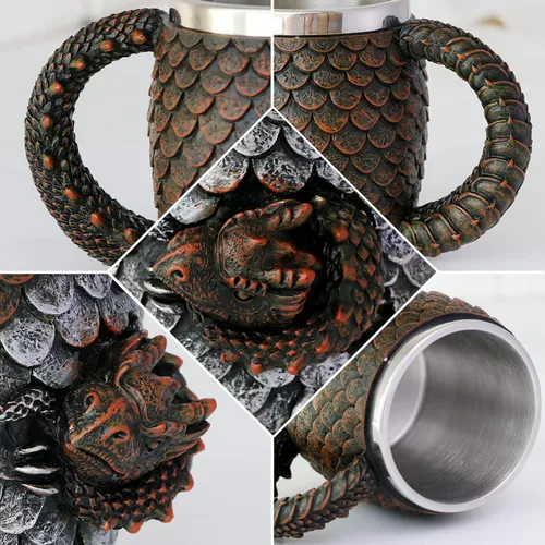 Vista 3 de alikiki Taza de café de dragón de huevo de tronos – Taza de café de dragón de 15.8 onzas para adultos, taza de cerveza de acero inoxidable, taza