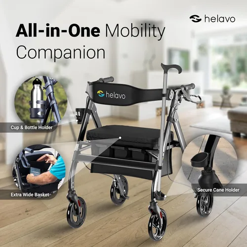 Vista 6 de Helavo Andador Bariátrico con Asiento Grande y Altura Ajustable, Capacidad de Peso de 500 libras, Ruedas Todo Terreno de 8 Pulgadas, 28 Pulgadas