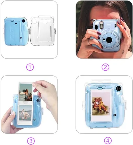 Vista 6 de Kit de funda transparente Mini 11 para Fujifilm Instax Mini 11, funda para cámara instantánea con bolsillo para película, calcomanías adhesivas