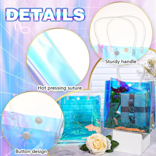 Vista 3 de Sherr 25 bolsas de regalo pequeñas holográficas transparentes iridiscentes reutilizables de plástico de PVC para compras, bodas, cumpleaños, baby